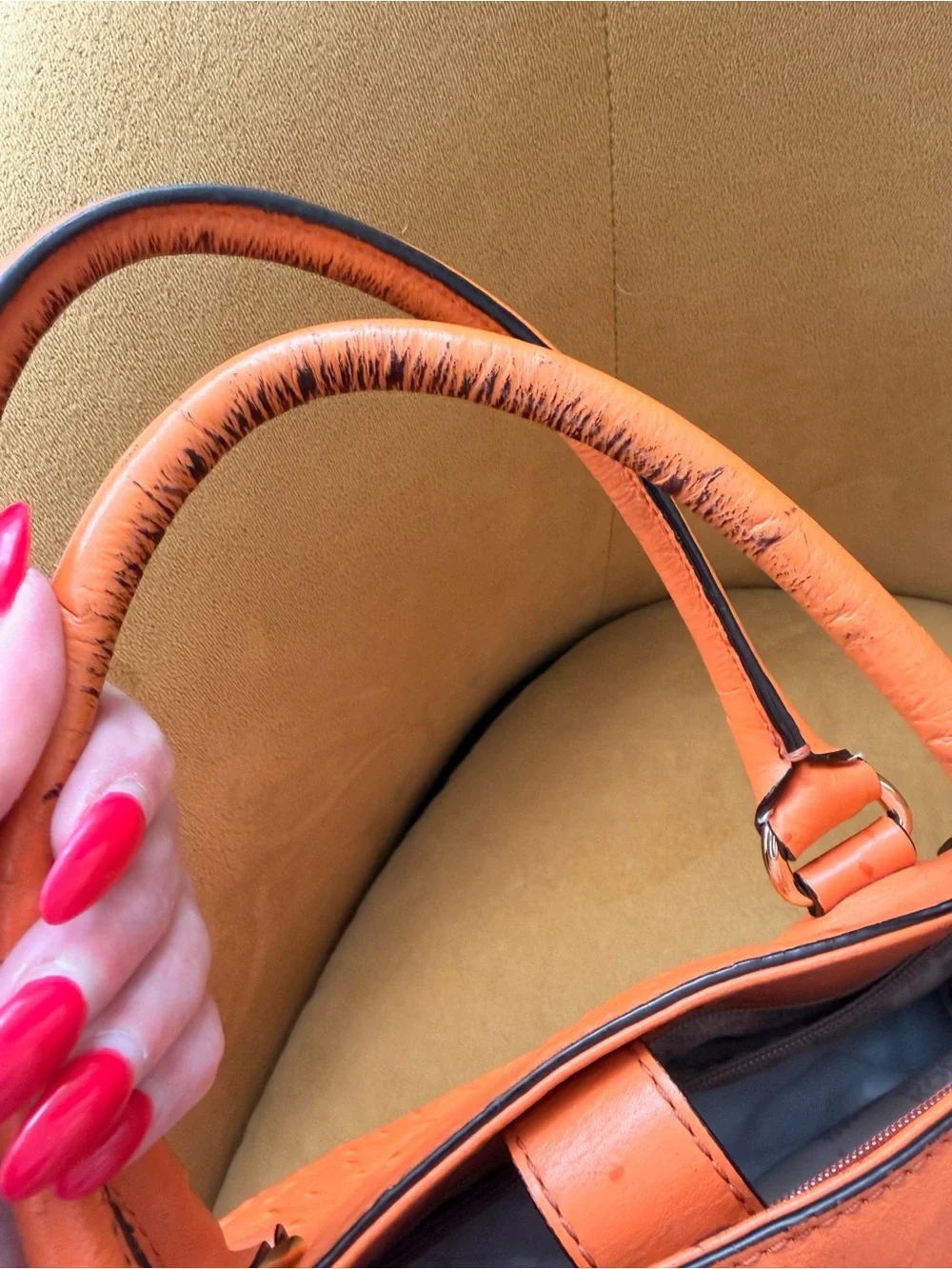 Michael Kors Hamilton Orange Ostrich Embossed Leather Satchel Shoulder Bag